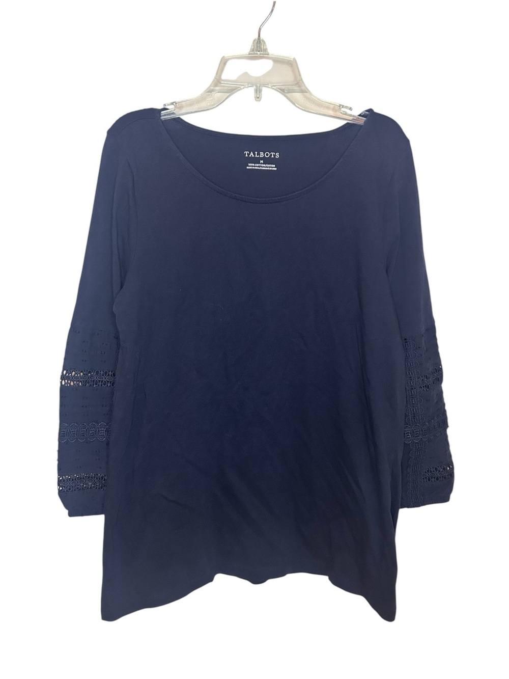 Talbots Women’s Medium Navy Blue Cotton Top Crochet Eyelet Sleeve